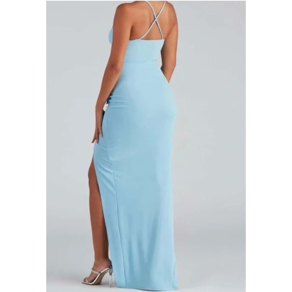NWT Windsor Elegant Formal Light Blue Long Dress Sz S Ruffle Prom Wedding Party - Picture 2 of 11
